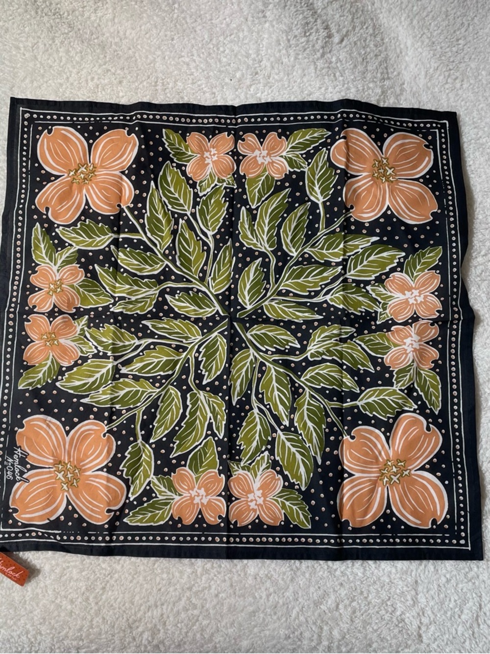 Hemlock No 46 Floral Leaf Print Square Scarf - Black with Peach & Olive